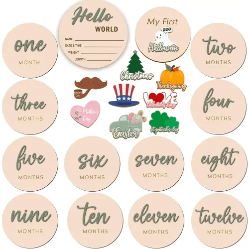 Monthly Baby Milestone Maker Discs, Baby Milestone Signs for Newborn Baby, Hello World Newborn Sign for Baby Girl & Boy, Baby Announcement Sign for 1-12 Month, Milestone Wooden Circles (Sage)