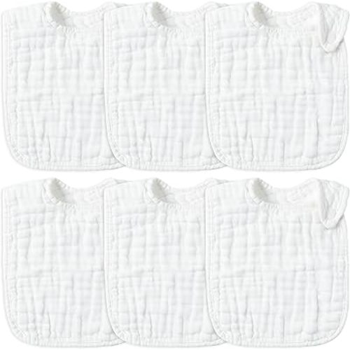 Zainpe 6Pcs Snap Muslin Cotton Baby Bibs White Adjustable Drool Bib with 6 Absorbent Soft Layers, Machine Washable Unisex Burp Cloths for 3 to 36 Months Boys Girls Infant Newborn Toddler