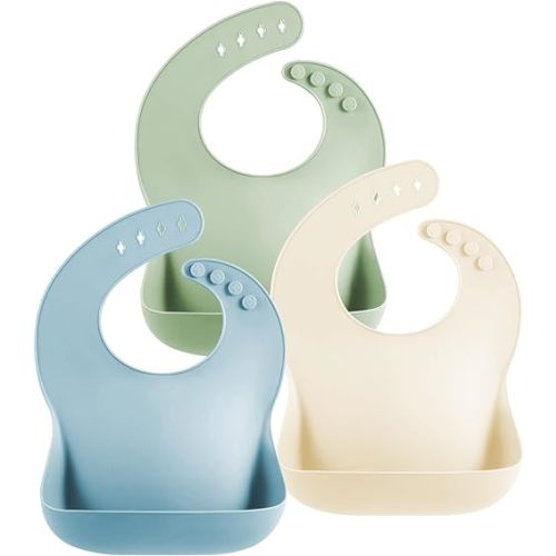 Cutebe 3 Pcs Silicone Bibs for Babies and Toddlers,Soft Adjustable Baby Bibs for Eating, Silicone Bib
