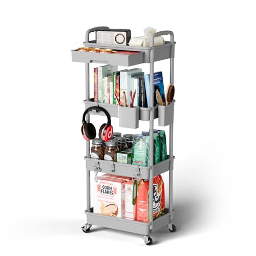 Sorgion 4 Tier Rolling Cart Organizer,Art Craft Diaper Bedside Snack Laundry Room Bathroom Organizer Narrow Thin Slim Rolling Trolley Utility Cart with Wheels for Kitchen,Office(Grey)
