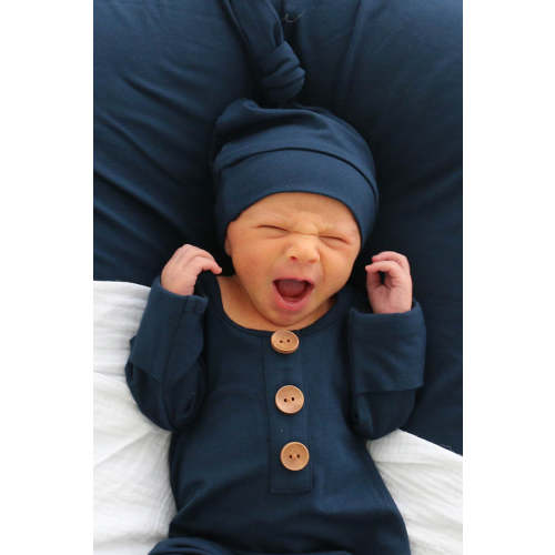 Solid Dark Navy Bamboo Baby Knot Gown & Hat
