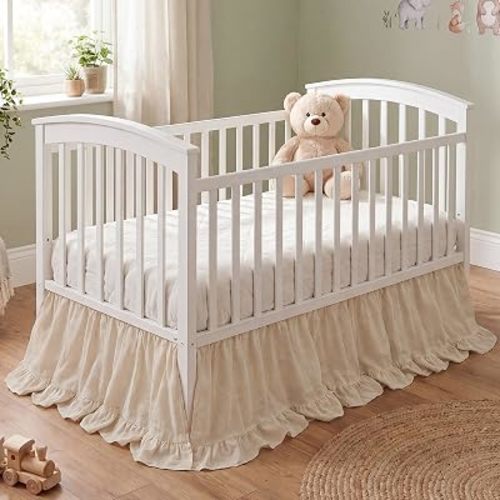 Hahafelt Beige Crib Skirt for Baby Girls & Boys, 28" x 52" with 16" Drop–100% Washed Cotton Dust Ruffle Bed Skirt, Soft Nursery Bedding, Fits Standard Toddler Cribs, Boho Farmhouse Decor