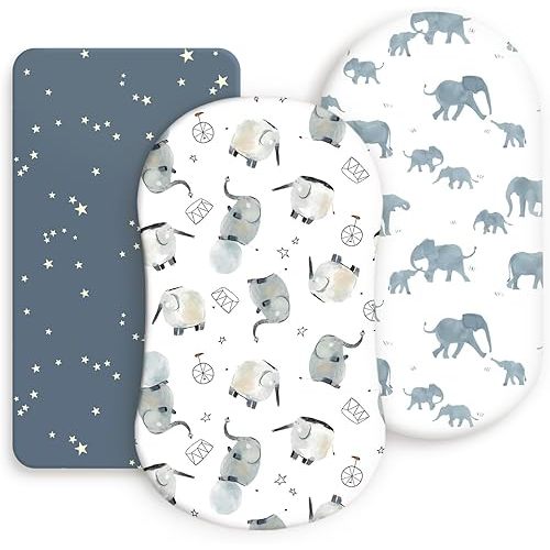 Stretchy Ultra Soft Fitted Bassinet Sheets Set 3 Pack, Universal Fit for Bassinets Baby Cradle Moses Basket Oval Rectangle Mattress Safe and Snug, Stylish Bassinet Sheet of Elephant Print