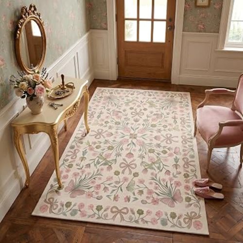 3x5 Pink and Green Floral Butterfly Bow Area Rug for Living Room