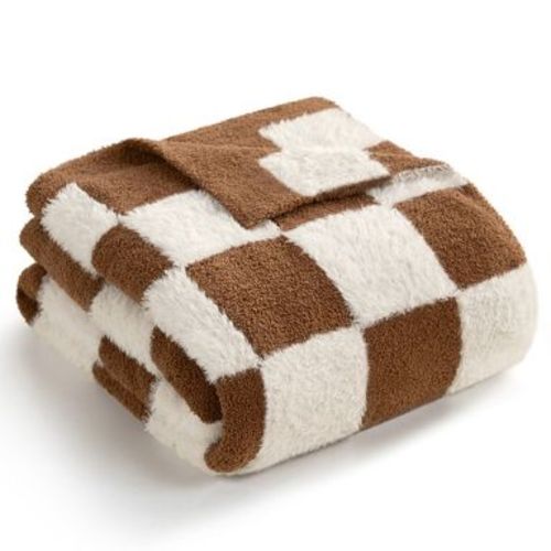 Soft Faux Fur Knit Checkered Throw Blanket Fluffy Bedding Blankets Snuggle Sac,50*60", Brown White