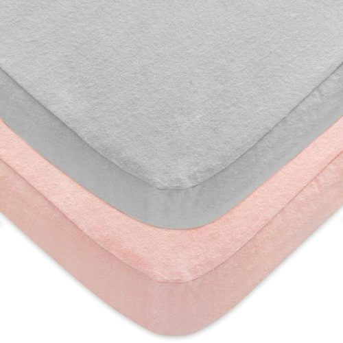 Pack and Play Sheets 2 Pack, 100% Cotton Flannel, Fitted Portable Mini Crib Sheet for Girls Boys, Ultra Soft Breathable Convertible Playard Mattress Cover Warm, Grey&Pink