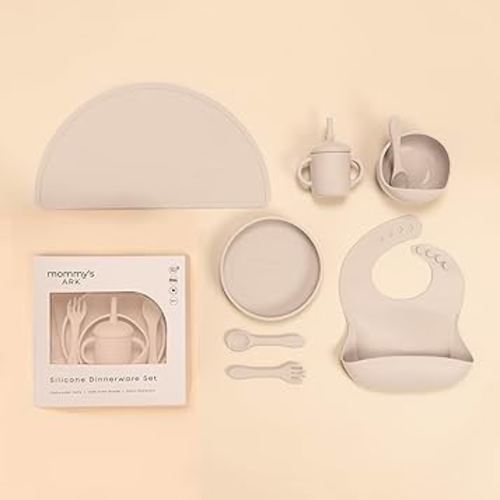 Mommy's Ark 10-Piece Dinnerware Set: Food-Grade Essentials! Dishwasher-Safe Convenience: Bowl & Spoon Set™, Silicone Plate, Catch-All™ Bib, Fork + Spoon Set, Spill-Proof Sippy Cup, Non-Slip Place Mat