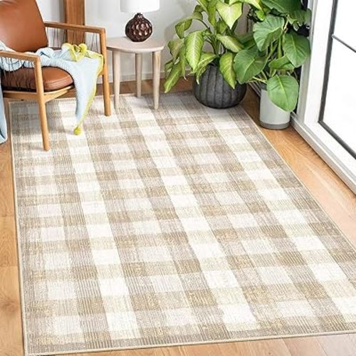 COLORPAPA Checkered Area Rug 3x5, Washable Rugs for Living Room, Modern Neutral Non Slip Indoor Carpet for Bedroom Office Patio Dining Room (Beige)
