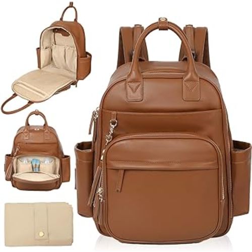 Diaper Bag Backpack,Leather Baby Bag with 16 Pockets,Large Travel Diaper Backpack,Baby Essential Organizer,4 Insulated Pockets,Changing Pad,Brown
