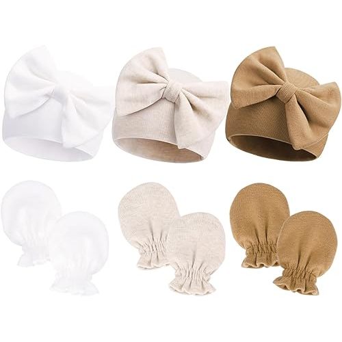 Newborn Hospital Hats Gloves Baby Infant Bow Beanie Cotton Caps No Scratch Hat Mittens Set for 0-6 Months