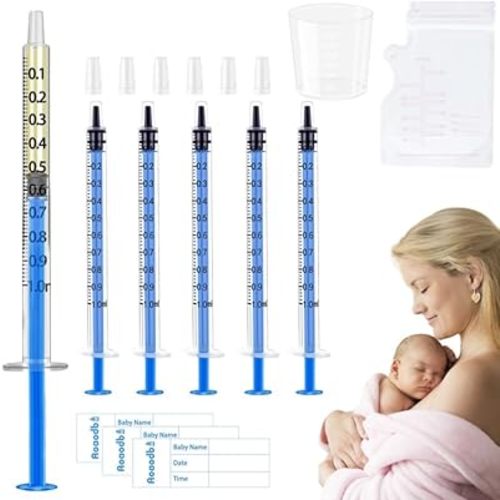 Colostrum Collector Kit Include 100pcs 1ml Sealed Breast Milk Collector No Needle Colostrum Syringes 5 Breastmilk Storage Bags and 1 piece 30 ml measuring cup with 100 Stickers (Blue)