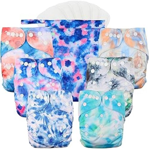 wegreeco Cloth Diapers 6 Pack with 6 Inserts & 1 Wet Bag, Washable Cloth Diapers for Babies, One Size Adjustable Reusable Diapers Baby (Tie-dye, Ink)