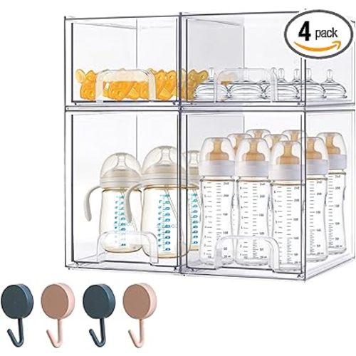 Baby Bottle Organizer-4 Pack Stackable Storage Drawers, Baby Organizers and Storage with Hooks, Clear Acrylic Multipurpose Bottle Storage for Countertop,Kitchen,Cabinet,Vanity,Bathroom