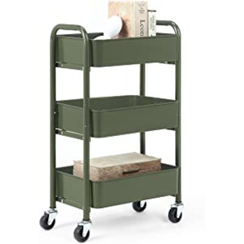 SunnyPoint 3-Tier Delicate Compact Rolling Metal Storage Organizer - Mobile Utility Cart Kitchen/Under Desk Cart with Caster Wheels (ARMY, Compact (15.5" X 26.8" X 10.27"))