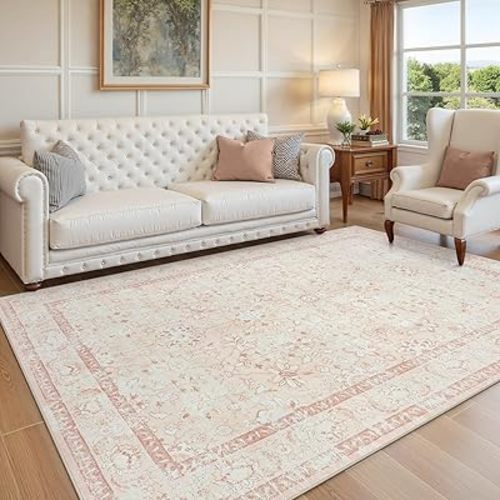 LIVEBOX 5x7 Washable Rug, Soft Boho Pink Rug for Bedroom Girls, Non-Slip Vintage Floral Rug for Living Room, Ultra-Thin Non-Shedding Large Area Rug for Dining Room, Nursery, Home Office, Light Pink