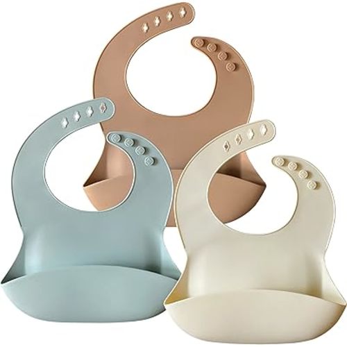 Silicone Bibs, BPA Free Baby Bibs Adjustable Waterproof Soft Unisex Feeding Bibs for Babies & Toddlers, Set of 3 (Wathet/Umber/Beige)
