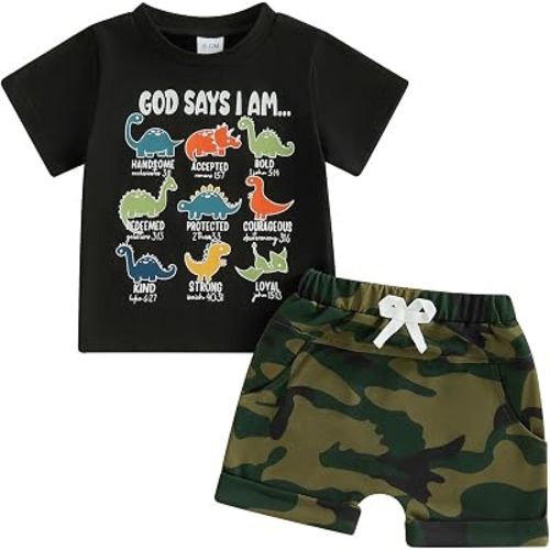 PUHHAPIEY Baby Boy Clothes Toddler Summer Outfit God Says I Am Dinosaur Short Sleeve Christian Tee Shirts Camouflage Shorts