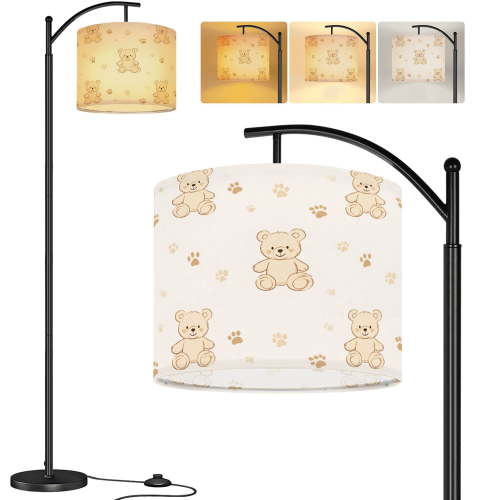 Arc Floor Lamp Teddy Bear cartoon style pastel Tall Modern Standing Lamp LED Adjustable Linen Lampshade 3 Color Temperatures