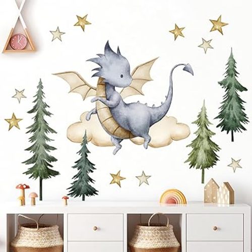 Removable 3D Dragon Wall Decals DIY Peel and Stick Tree Star Wall Stickers Watercolor Dinosaur Cloud Mural Art Decals for Kids Bedroom Living Room Wall Decor (A)