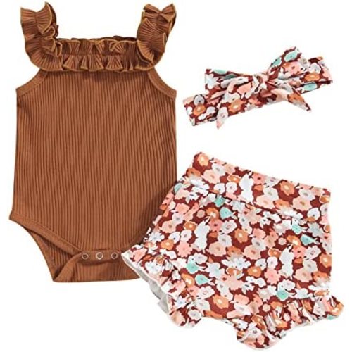 Engofs Newborn Baby Girl Summer Clothes Boho Infant Sleeveless Romper Bodysuit Shorts Headband 3Pcs Outfits
