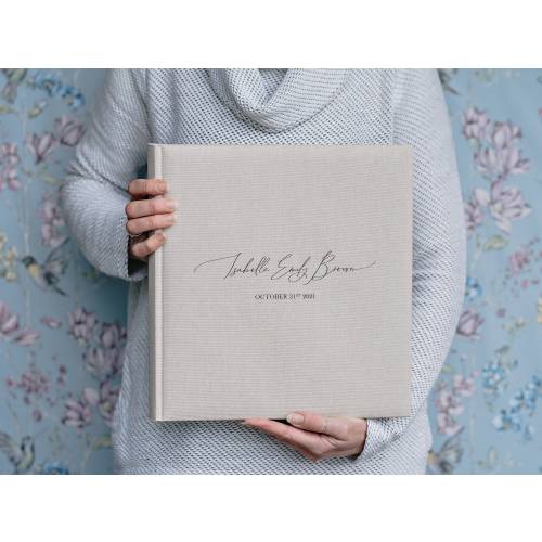 Traditional Book Bound Baby Photo Album. Modern Handwritten Text. High quality Printed Design. 2 album sizes and 8 album colours.