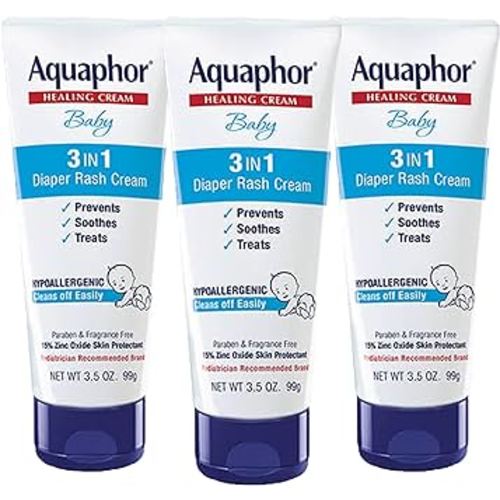 Aquaphor Baby Diaper Rash Cream, 3-in-1 Diaper Rash Relief, 3.5 Oz Tube, Pack of 3