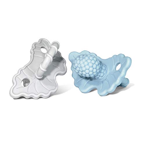 RaZbaby RaZberry Silicone Teether Pacifier – Teething Relief for Infants, Food-Grade, BPA-Free, Hands-Free, Natural Berrybumps Fruit Texture for Sensory Development, Freezable, 2-Pack - Blue & Grey