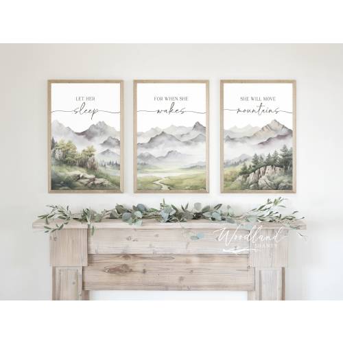 Let Her Sleep For When She Wakes She Will Move Mountains, Set of 3 Framed Signs, Framed Forest Mountain Trees Themed Nursery Wall Art Sign