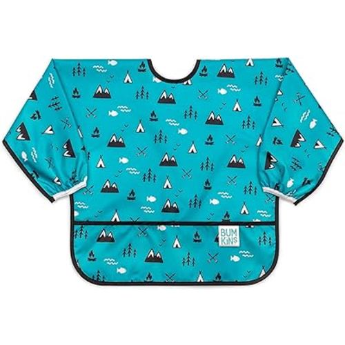 Bumkins Sleeved Bib for Girl or Boy, Baby and Toddler for 6-24 Mos, Essential Must Have for Eating, Feeding, Baby Led Weaning Supplies, Long Sleeve Mess Saving Food Catcher, Fabric, Outdoors Blue
