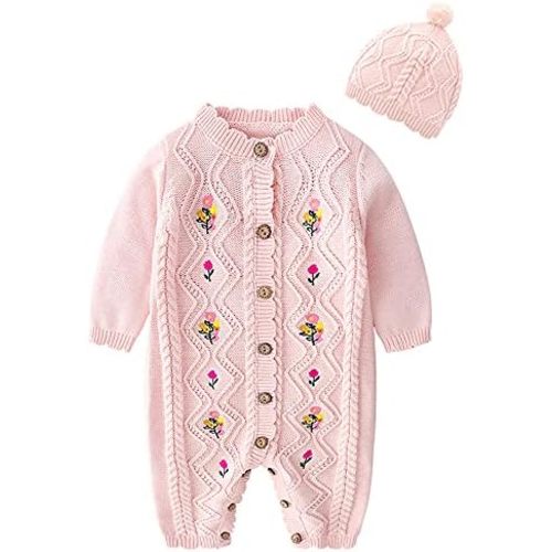 chengchuang Newborn Infant Baby Boy Girl Knitted Sweater Romper Warm Longsleeve Jumpsuit Outfit with Warm Hat Set