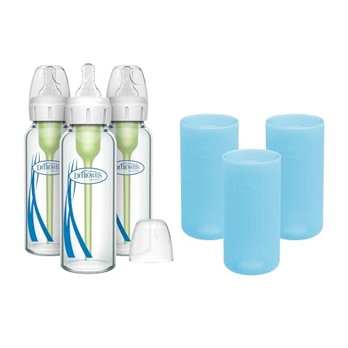 Dr. Brown's Natural Flow Anti-Colic Options+ Narrow Glass Baby Bottles 8 oz/250 mL, with Level 1 Slow Flow Nipple, 3 Pack 0m+ with Blue 100% Silicone Sleeves, BPA-Free