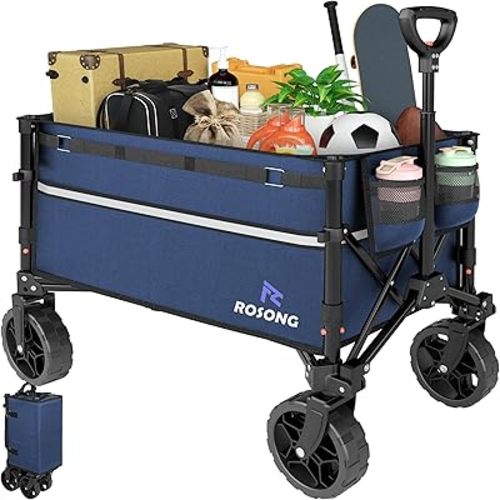 Collapsible Wagon Cart with Wheels Foldable - Folding Utility Heavy Duty Wagons Carts for Grocery Sports Garden Shopping Camping Wheelbarrows (Navy Blue, 120L)