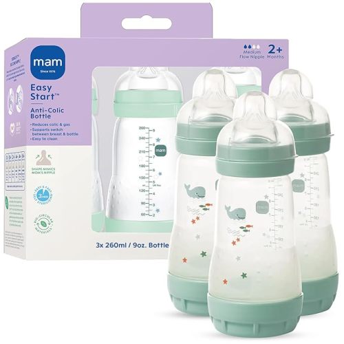 MAM 9oz Easy Start Anti-Colic Wide Neck Vented Baby Bottle, Medium Flow Breastfeeding-Like Nipple, Reduces Colic Gas & Reflux, Easy to Clean, BPA Free, 2+ Months, Made in Europe, 2 Pack, Unisex