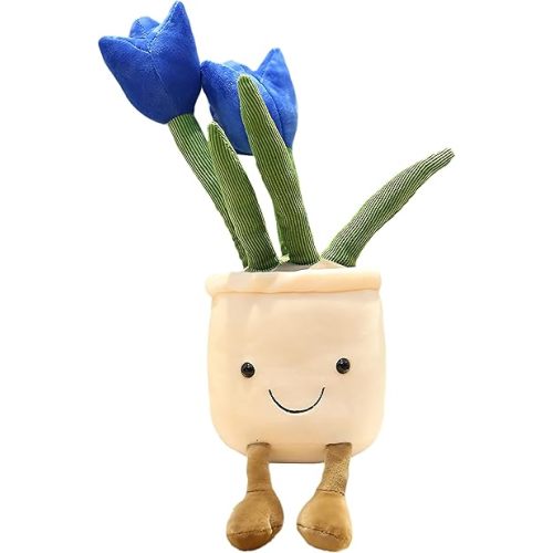 WUZHOU Tulip Plush Toy, 13.7" Flower Pot Stuffed Plushie Pillow Decoration, Soft Fluffy Toy Succulent Plants Friend Throw Pillow, Multicolor (Blue-Tulip)