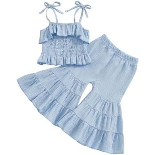 Toddler Baby Girl Smocked Outfit Ruffle Halter Shirt Flared Pants Set Toddler Bell Bottom Outfit Summer Clothes
