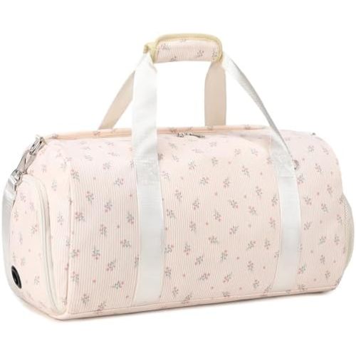 Corduroy Floral Duffle Bags, Pink Flowers Girls Dance Bag with Wet & Shoe Compartments Large Capacity Sports Gym Overnight Travel Sleepover Bags for Girls Women