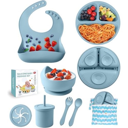 Silicone Baby Feeding Set, 10 Pcs Baby Led Weaning Supplies Baby Eating Essentials Set with Suction Bowl Divided Plate Adjustable Bib Soft Spoon Fork Cup with Lid Drinking Cup, Travel Bag (Blue)