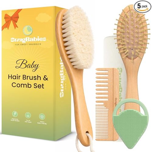 Baby Hair Brush & Comb Set for Newborns - Gentle Goat-Hair & Bamboo Bristle Hairbrushes with Easy Grip Wooden Handles - 5-Pack Baby Brush Set with a Cotton Travel Pouch - Gifts for Boys & Girls