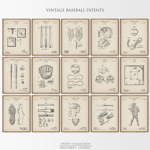Baseball Patent Prints Set of 15, Vintage Baseball Wall Art, Retro Baseball Posters, Baseball Coach Gifts, Baseball Themed Decor, PS14