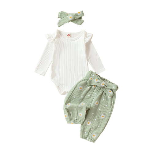 Qtinghua Newborn Baby Girls Fall Clothes Long Sleeve Ruffle Romper Daisy Print Belted Pants Headband Set Green 3-6 Months