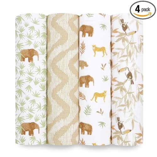 aden + anais Essentials Muslin Swaddle Blankets for Baby Girls and Boys, Newborn Receiving Blanket for Swaddling, 100% Cotton Baby Swaddle Wrap, 4 Pack, Tanzania