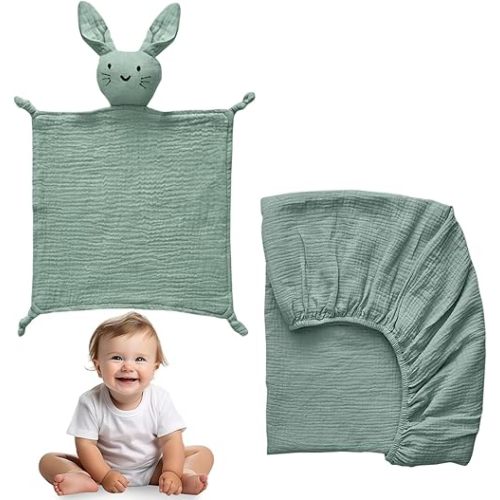 100% Cotton Muslin Crib Bedding Set – Green Fitted Crib Sheet & Security Baby Blanket | Newborn Essentials, Baby Bed, Baby Boy/Baby Girl Toys, Toddler Essentials, Baby Registry