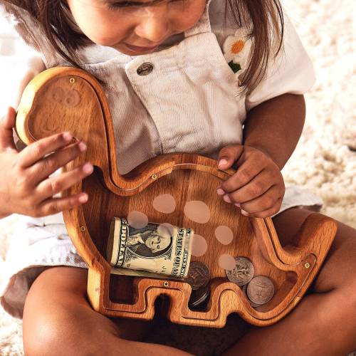 Handmade Dinosaur Coin Bank for Kids, Wooden Brontosaurus Money Box, First Birthday Gift, Custom Easter Christmas Piggy Bank for Boy Girl