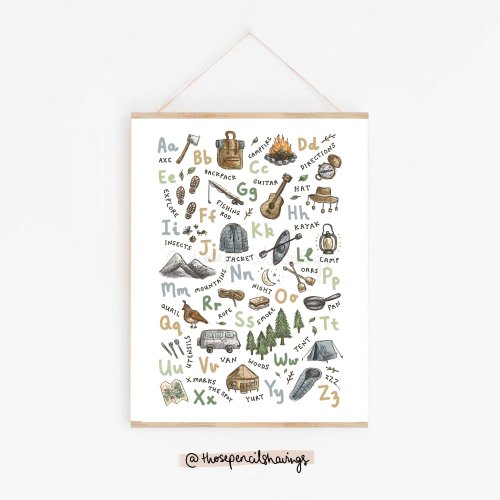 Camping Alphabet Print | Illustrated A-Z Adventure Poster | ABC Kids Great Outdoors Nursery Decor | Baby Shower Gift