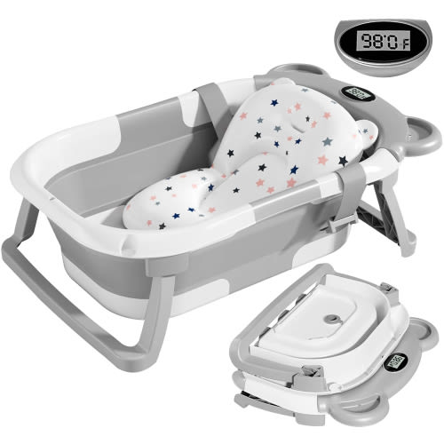 Collapsible Baby Bathtub with Floating Cushion,Foldable Baby Bath Tub Set , Portable Travel Baby Tub for baby,Gray