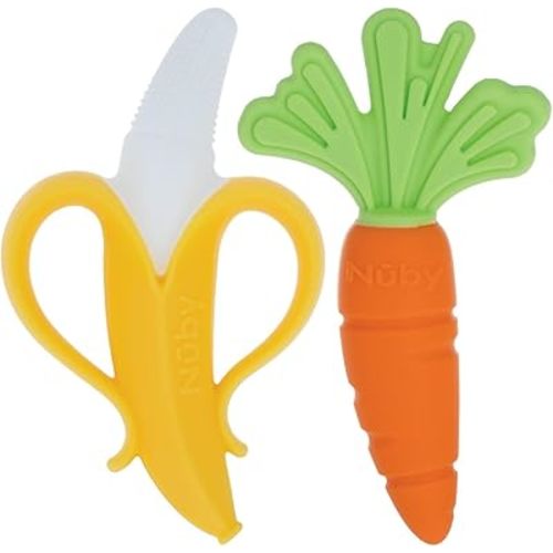 Nuby NanaNubs Banana Massaging Toothbrush and Realistic Silicone Carrot Teether with Massaging Bristles Combo - Gentle on Gums - 3 Months