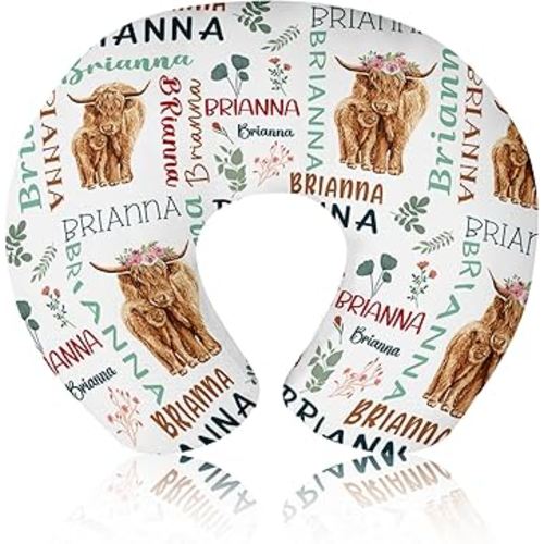 Baby Nursing Pillow Cover - Personalized Name Breastfeeding Pillow Cover with Highland Cow Pattern, Stretchy Removable U-Shaped for New Moms, Soft Breathable Slipcover for Infant Boys Girls