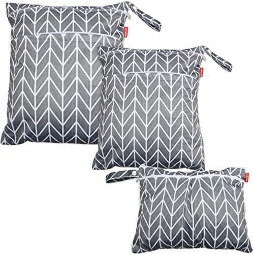 Damero 3pcs Travel Wet and Dry Bag with Handle for Cloth Diaper, Pumping Parts, Clothes, Swimsuit and More, Easy to Grab and Go, Gray Arrows - 3 Count (Pack of 1)