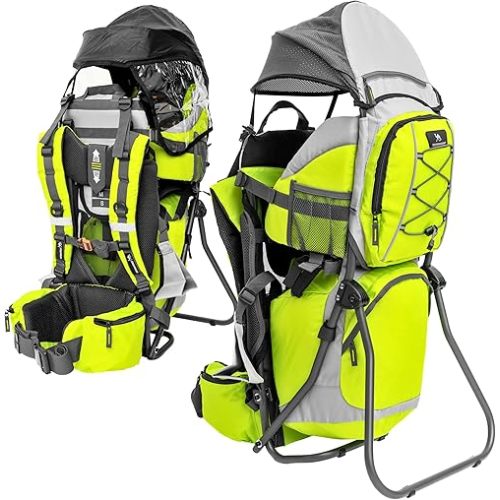 Hiking Baby Carrier – Lightweight Child Carrier Backpack with Sun Shade & Rain Cover – Insulated Storage – Padded Comfort – Adjustable Fit & Safety Harness - Green