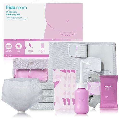 Frida Mom C-Section Recovery Must Have Kit for Labor, Delivery, & Postpartum, Socks, Peri Bottle, Disposable Underwear, Abdominal Support Binder, Shower Wipes, Silicone Scar Patches, & Toiletry Bag